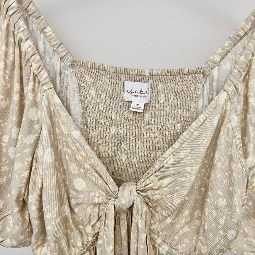 Tan Floral Print Front Tie Babydoll Mini Dress - Picture 11 of 14
